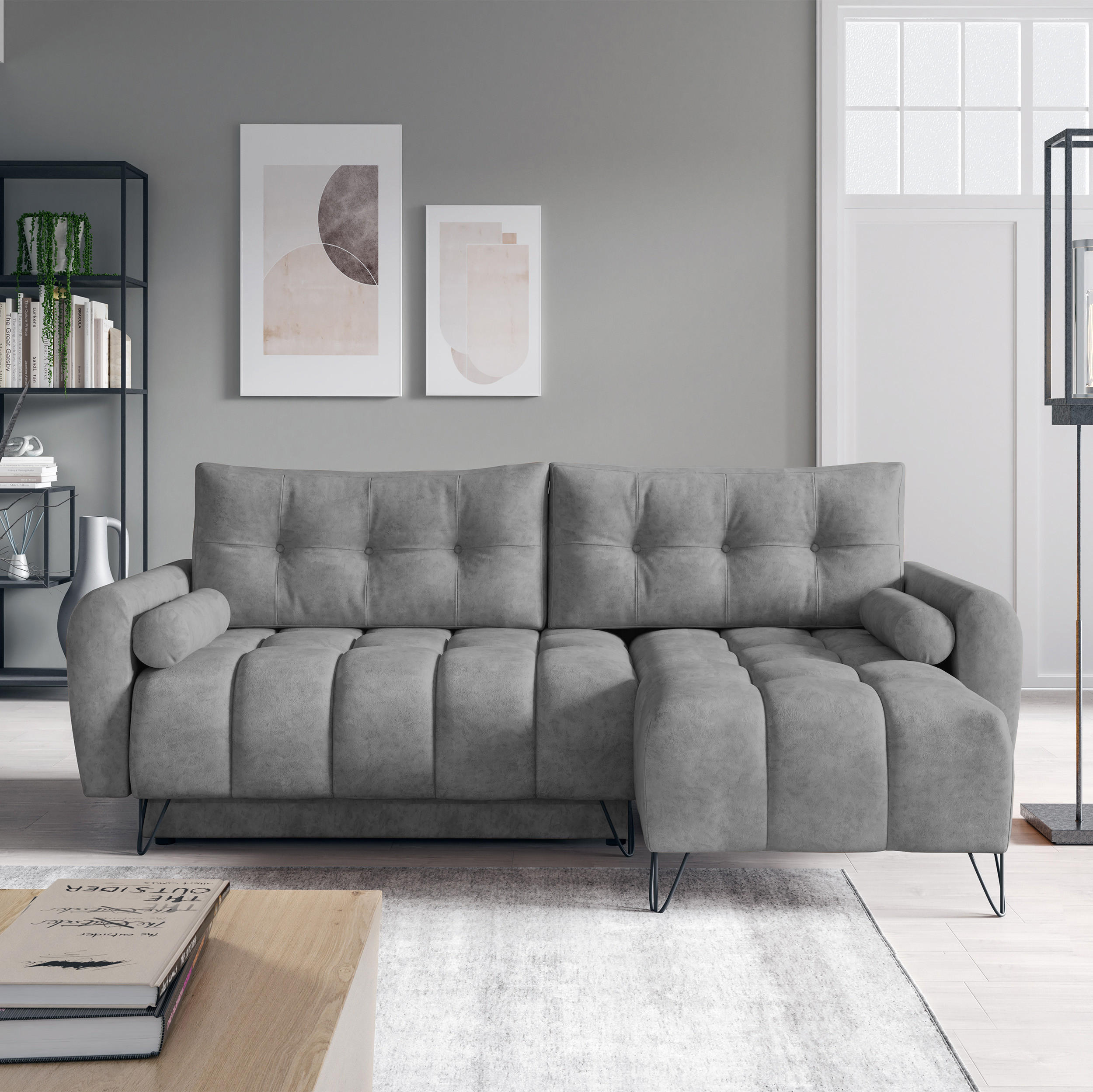 ECKSCHLAFSOFA Malaga Mini universeller Ottomane, Grau - Schwarz/Grau, Textil (222/148cm) - Beautysofa