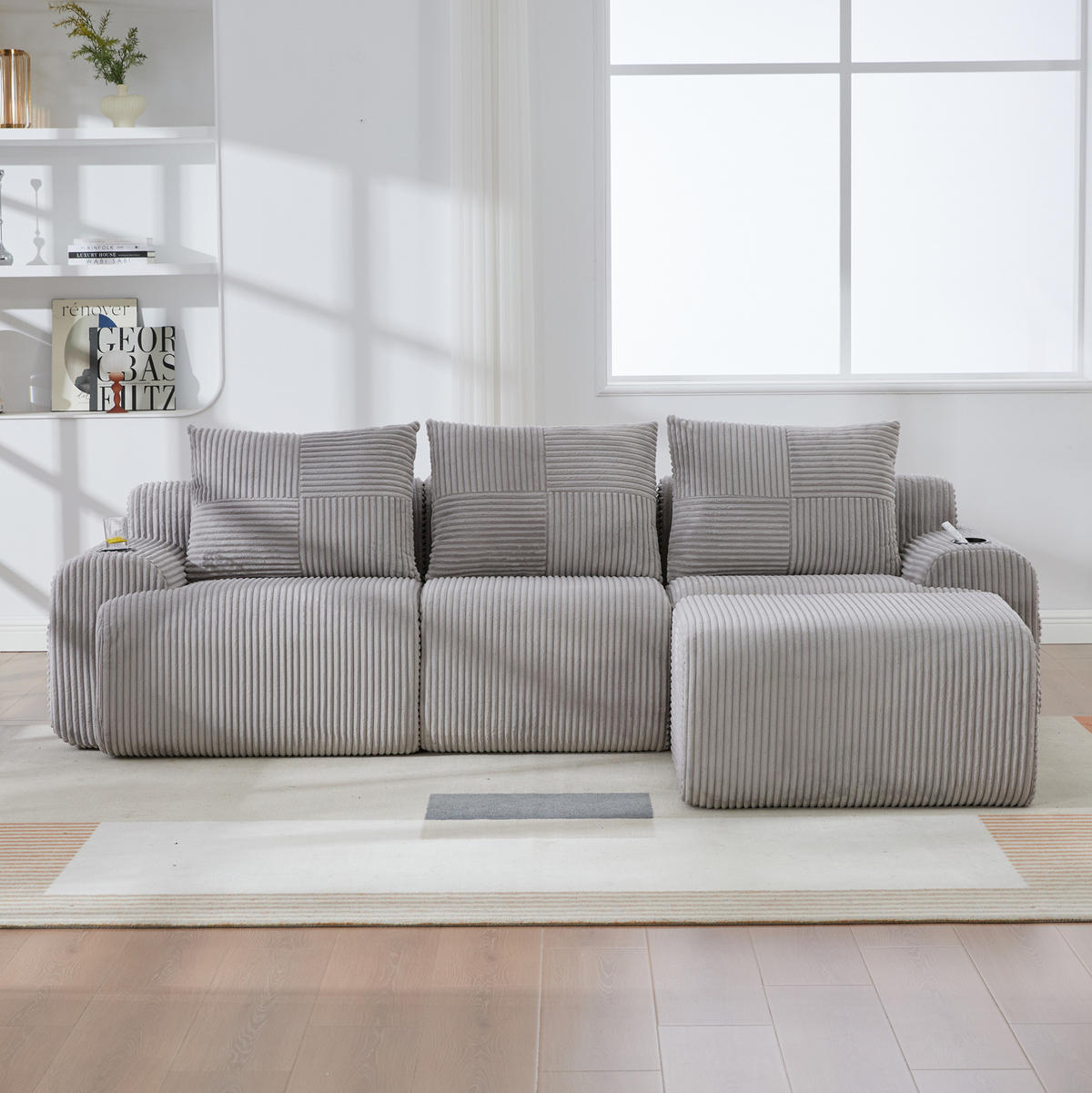 ECKSOFA 268/174/80 cm hellgrau aus Cord mit Cupholder und Seitentasche - Hellgrau, Textil (174/268cm) - OKWISH