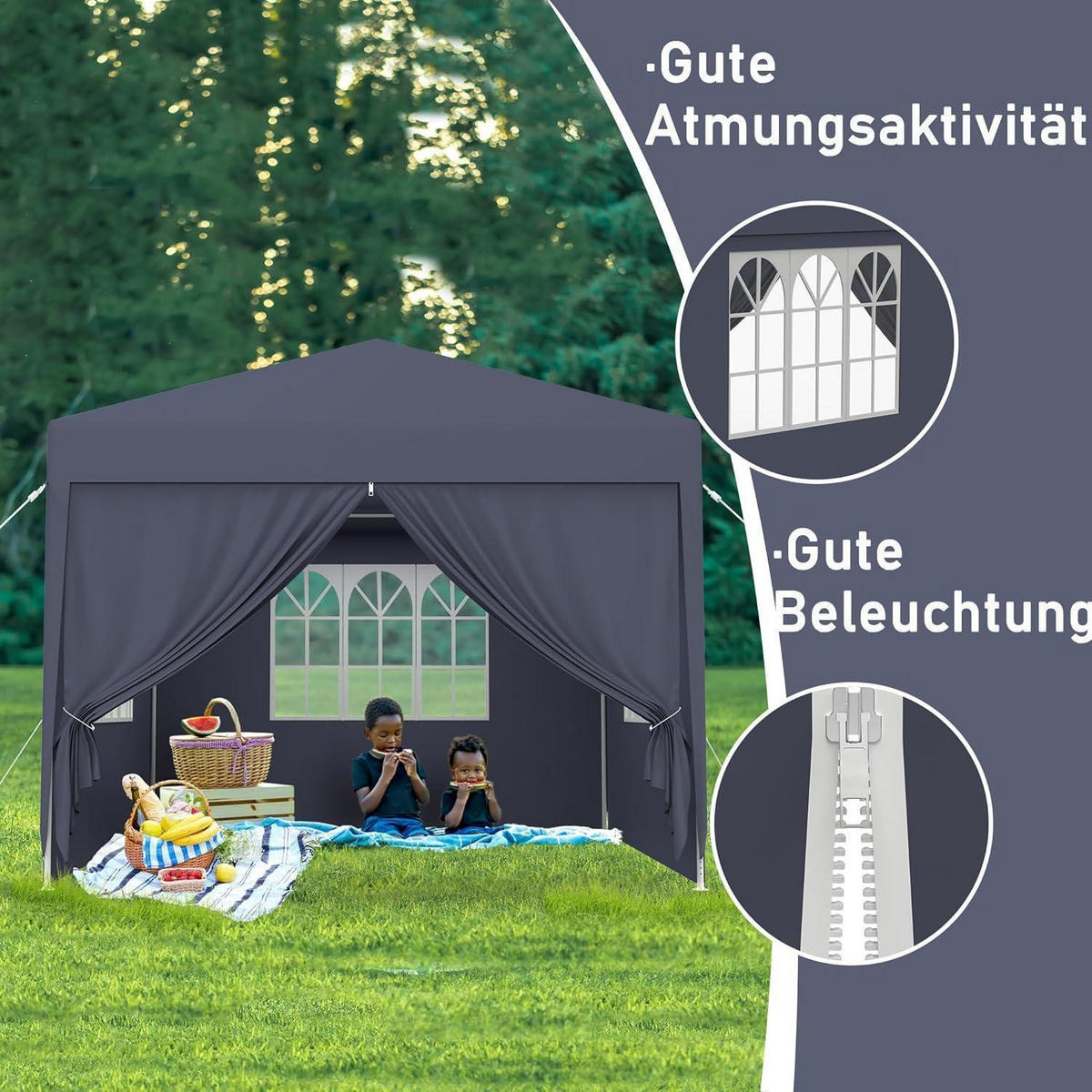 GARTENPAVILLON 3 x 3 m Anthrazit mit Seitenteilen und Fenstern - Anthrazit, Textil (300/250/300cm)