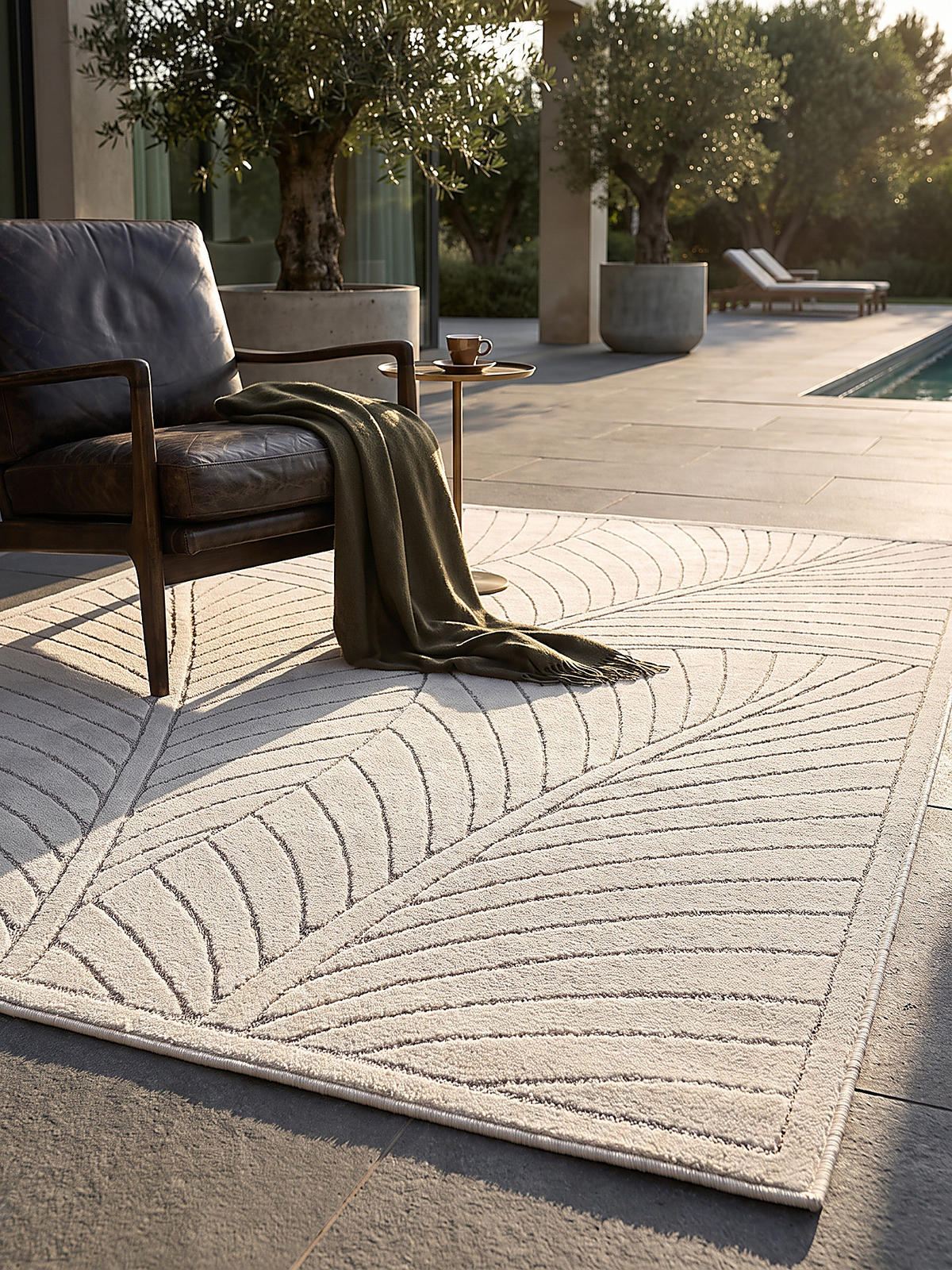 TEPPICH Outdoor, Fußbodenheizung-geeignet, mit Blattmotiv, ENGADIN in Creme, 240 x 340 cm - Creme, Textil (240/340cm) - KADIMA DESIGN