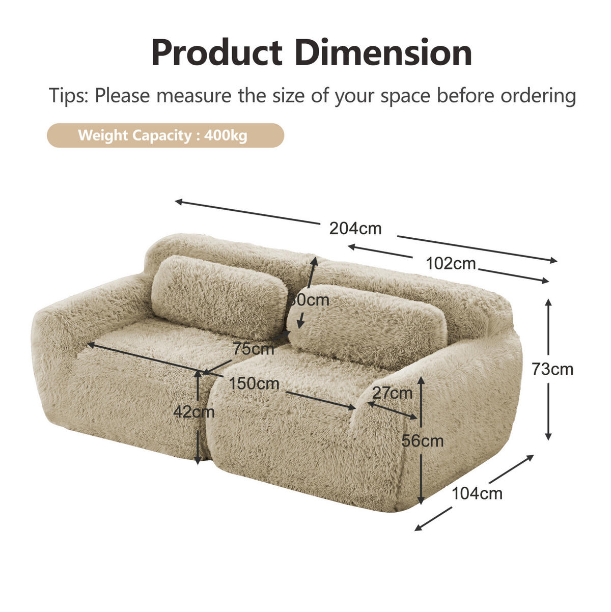 2-SITZER Sofa rahmenlos mit modularem Design, Kissen und rutschfester Basis, Hellkhaki - Beige, Textil (204/73/104cm) - Redom