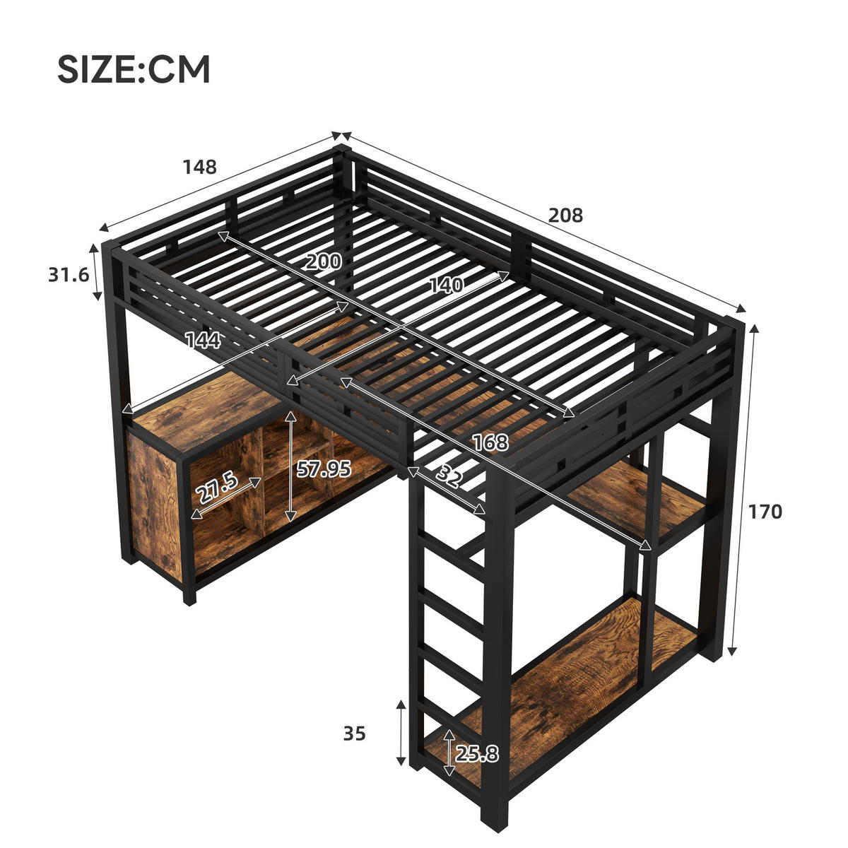 HOCHBETT 140/200 cm in Schwarz mit LED, USB, Schreibtisch und Stauraum - Schwarz, Holzwerkstoff/Metall (140/200cm) - STILVORA