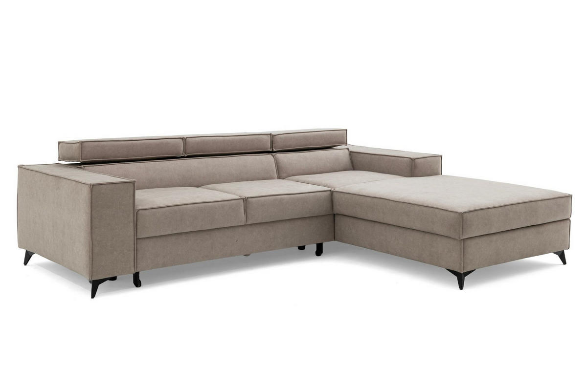 ECKSOFA PURE S Rechts mit Schlaffunktion 127x215 Velours Creme - Creme/Schwarz, Holz/Textil (204/281cm) - Muffo