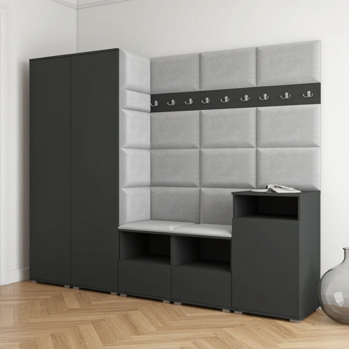 GARDEROBE NELA VIII 250 cm (Modulare Flurmöbel Graphit mit Sitzpolster Hellgrau 32 2 Schränke + Sideboard) - Silberfarben/Hellgrau, Holz/Holzwerkstoff (250/187/40cm) - Ravio