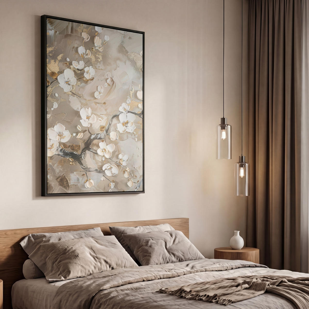 LEINWAND Bilder mit Rahmen - Blumen - Weiß - Gold - Beige - Luxus - 60x90 - Greige, Textil (60/90cm) - MuchoWow