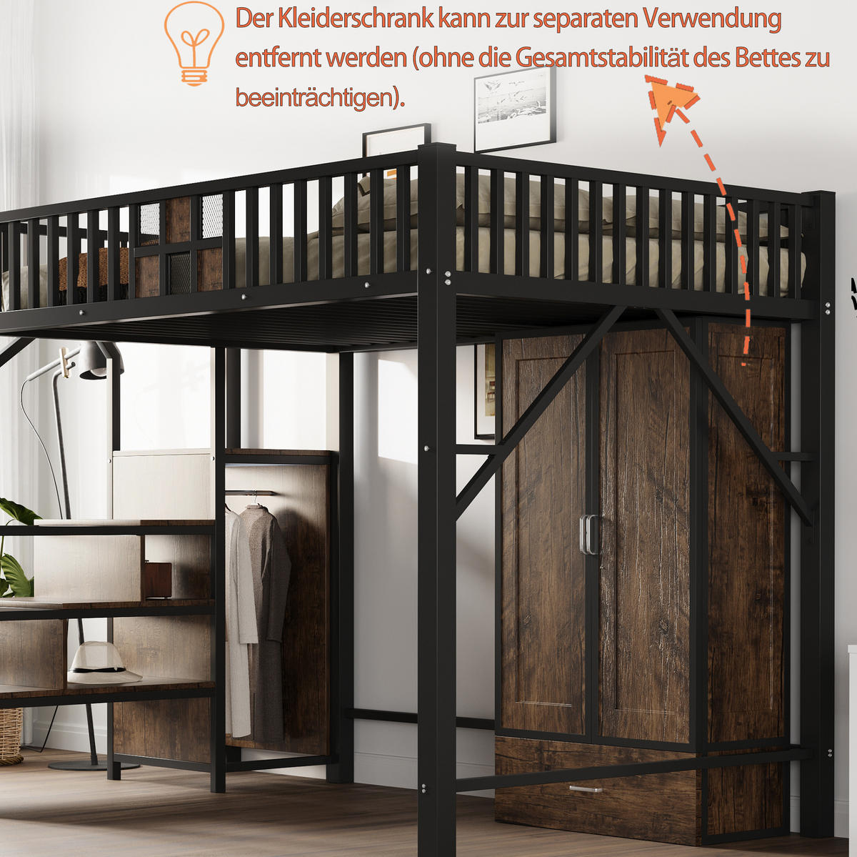 HOCHBETT 140/200 cm Schwarz mit großem Kleiderschrank und Schubladen - Schwarz, Metall (140/200cm) - OKWISH