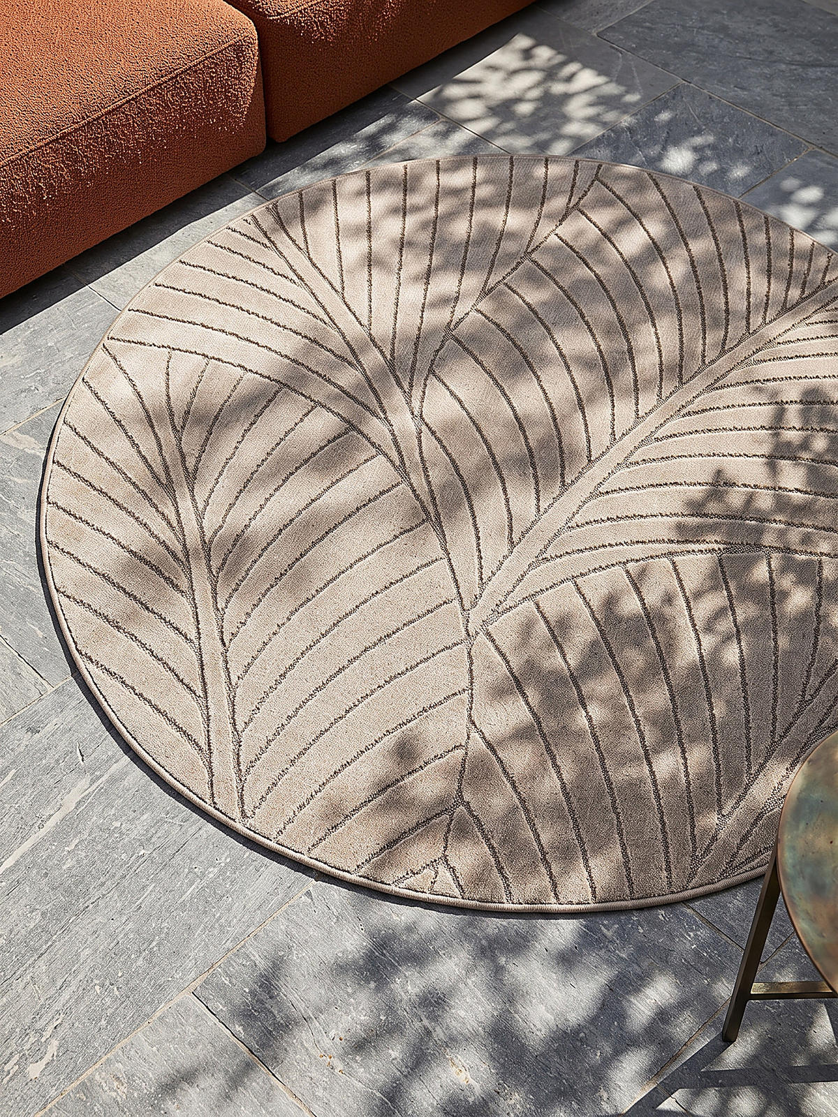 TEPPICH Outdoor, Fußbodenheizung-geeignet, mit Blattmotiv, ENGADIN in Beige, Ø 200 cm - Beige, Textil (200/200cm) - KADIMA DESIGN