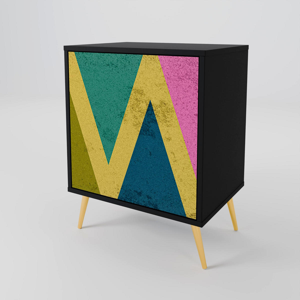 SIDEBOARD COLORFUL TRIANGLES, Schwarz, 57,5x42x70,5 cm, Schwarze Metall-Sternfüße - Multicolor/Schwarz, Holzwerkstoff/Metall (57.5/70.5/42cm) - SpaceRebels