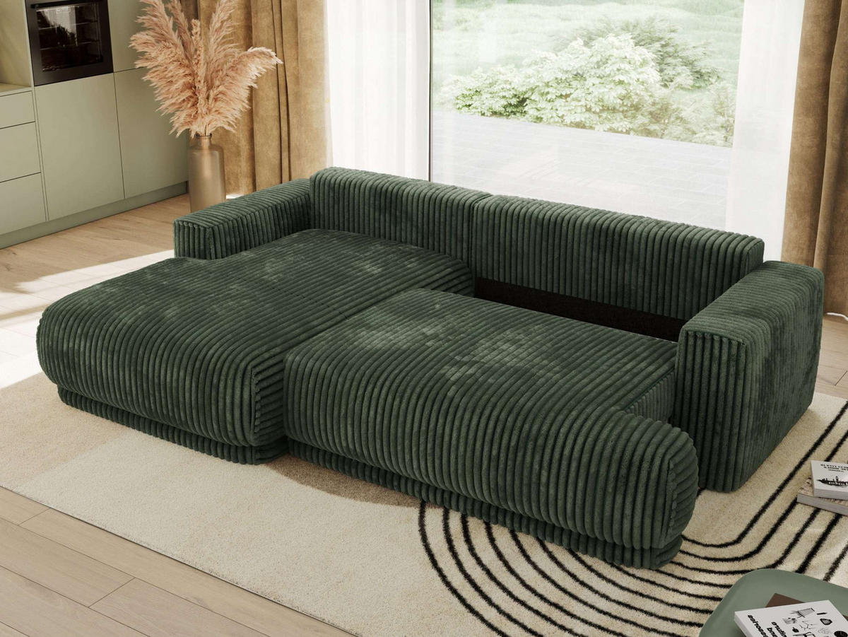 ECKSCHLAFSOFA RINA L Dunkelgrün Cord - links - Dunkelgrün/Schwarz, Kunststoff/Textil (267/170cm) - MKS