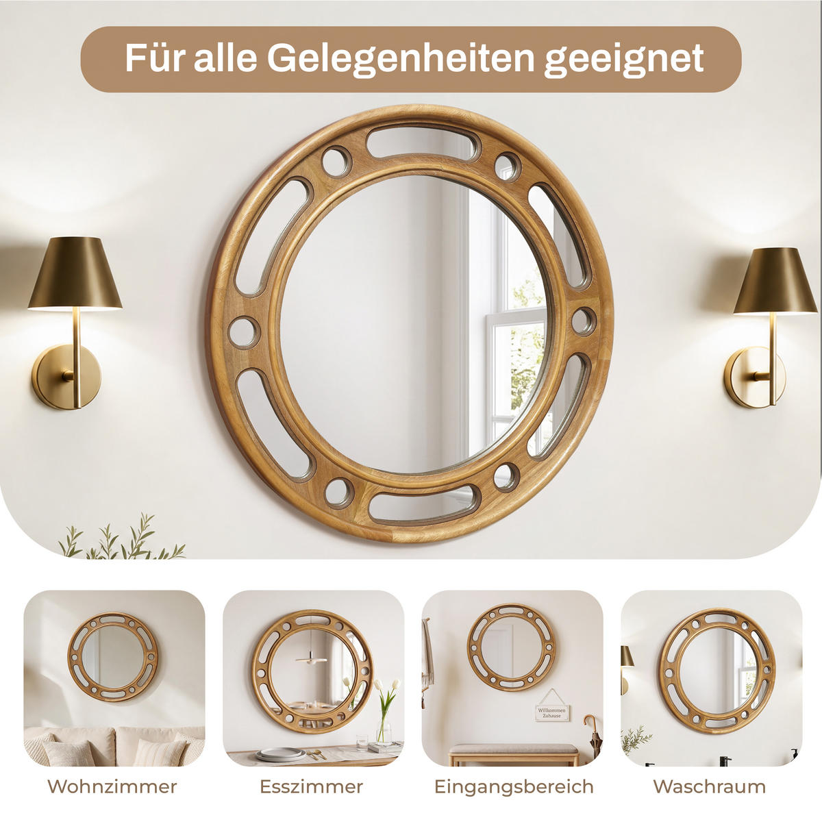 RUNDER Gummiholz Spiegel Natur Ø60×H60cm für Flur Bad Wohnzimmer - Erlefarben, Naturmaterialien (3.5/60/60cm) - Hometopia