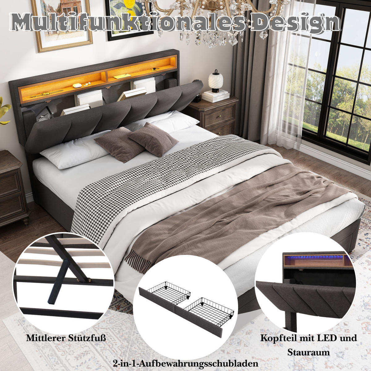POLSTERBETT 140x190 cm LED Schubladen Kopfteil Lattenrost Leinen grau - Grau, Holz (140/190cm) - LEBENLANG