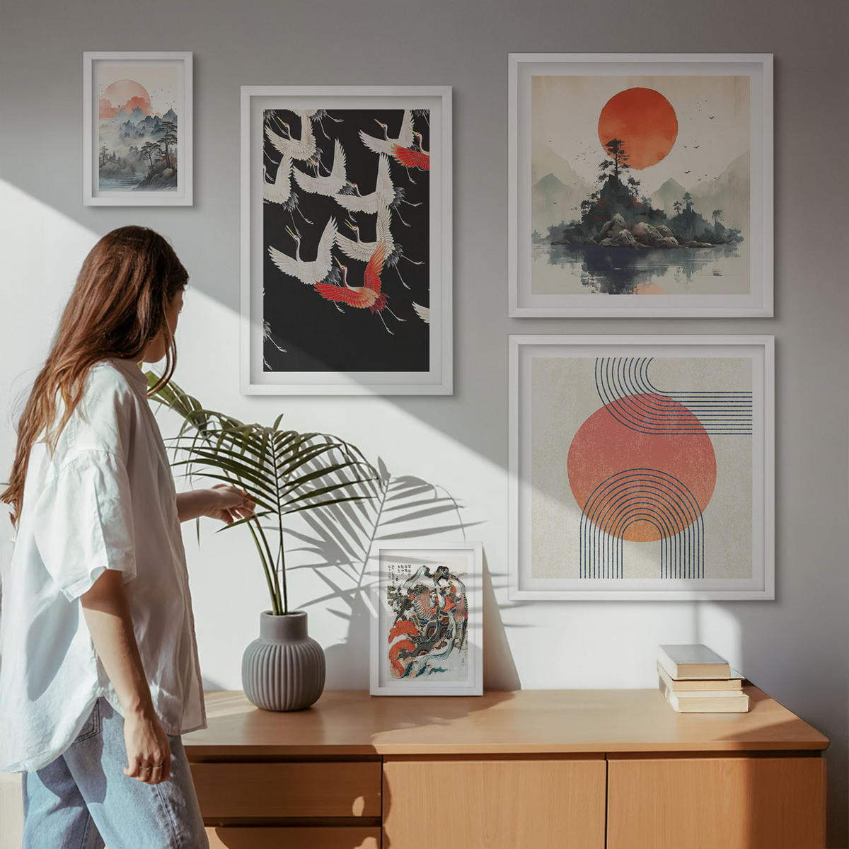 WANDBILDER 5er-Set - 50x50 cm & 20x30 cm & 40x60 cm Weißer Rahmen - Asiatische Landschaften Japandi - Weiß, Kunststoff (40/60cm) - ArtPrintCave