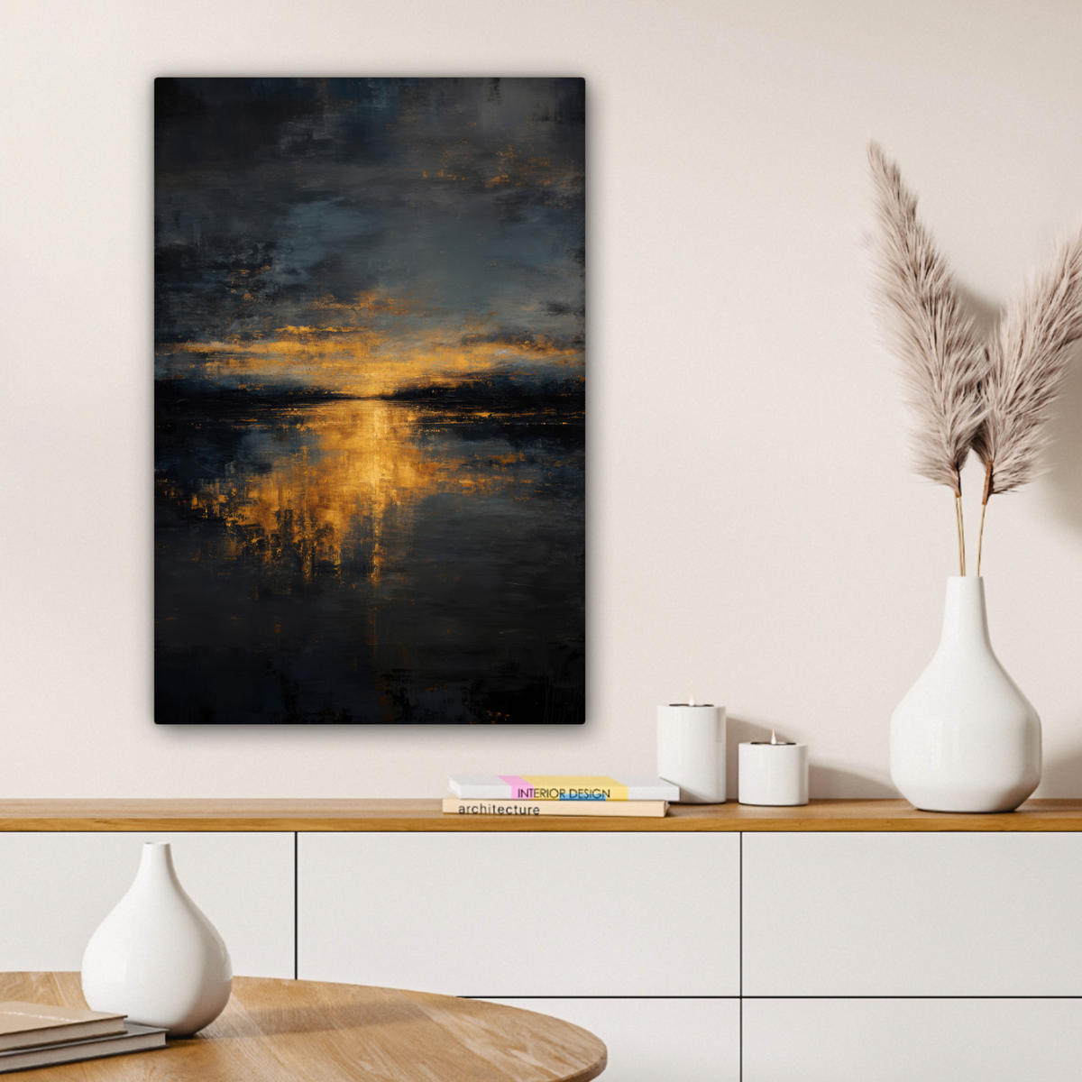 LEINWANDBILD Goldene Reflexion auf dem Wasser Wanddeko Schlafzimmer 60x90 cm - Anthrazit, Textil (60/90cm) - MuchoWow