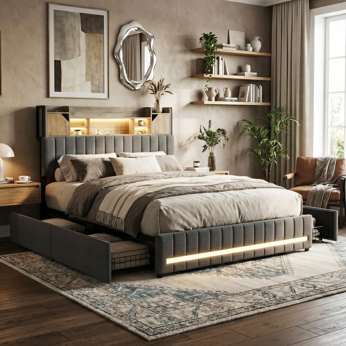 POLSTERBETT Modern 160/200 cm mit Galerie-Ablage & 4 Schubladen Leinenoptik Grau - Grau, Textil (160/200cm) - Creahappy