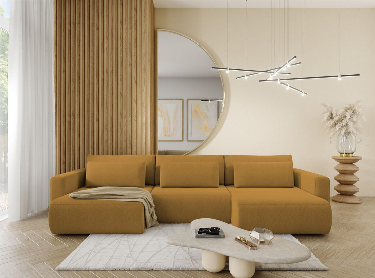 WOHNLANDSCHAFT Chaira Mit Schlaffunktion - Currygelb, Holzwerkstoff/Textil (340/85/149cm) - Fun Möbel