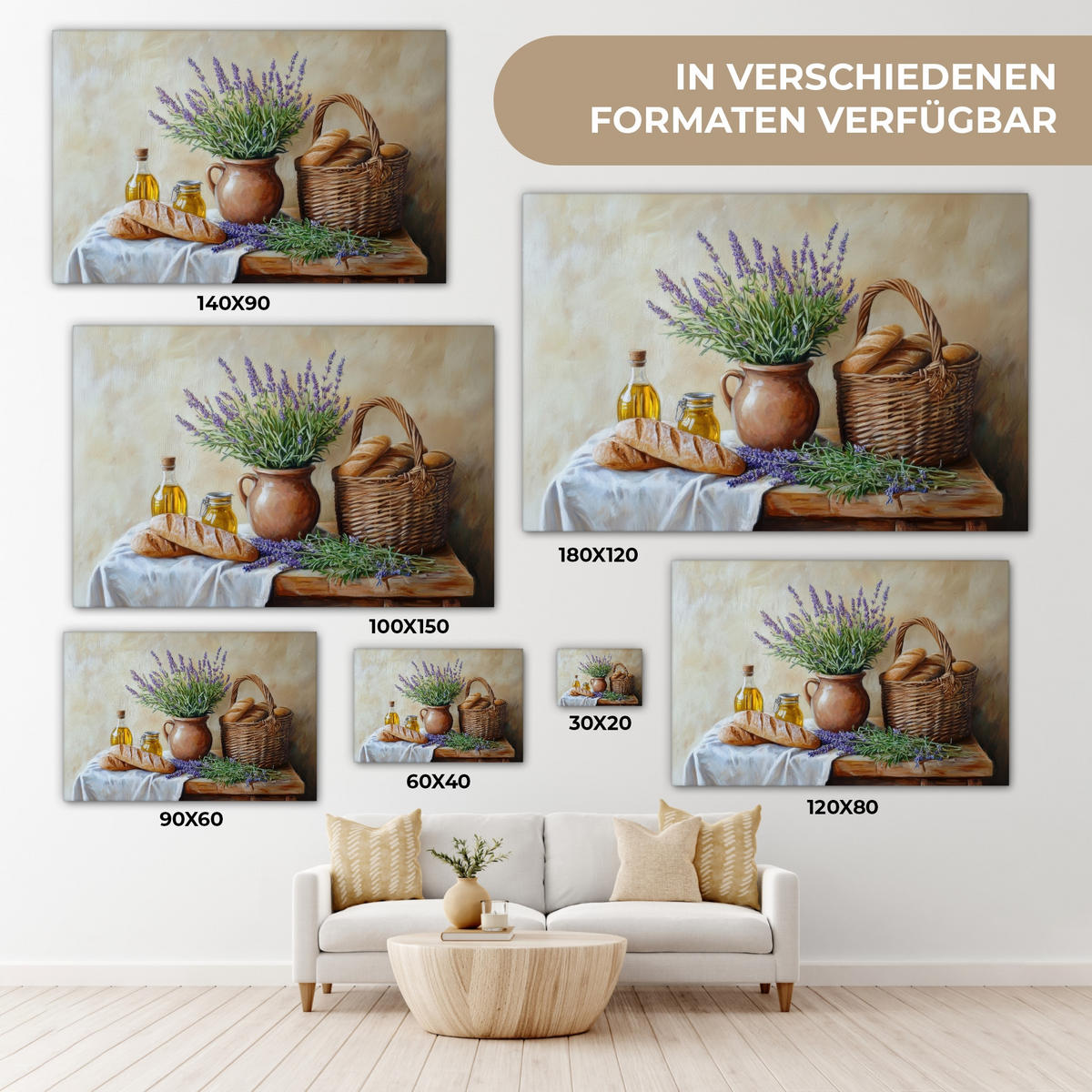LEINWANDBILD Lavendel - Brot - Stilleben Wohnzimmer 120x80 cm - Flieder, Textil (120/80cm) - MuchoWow