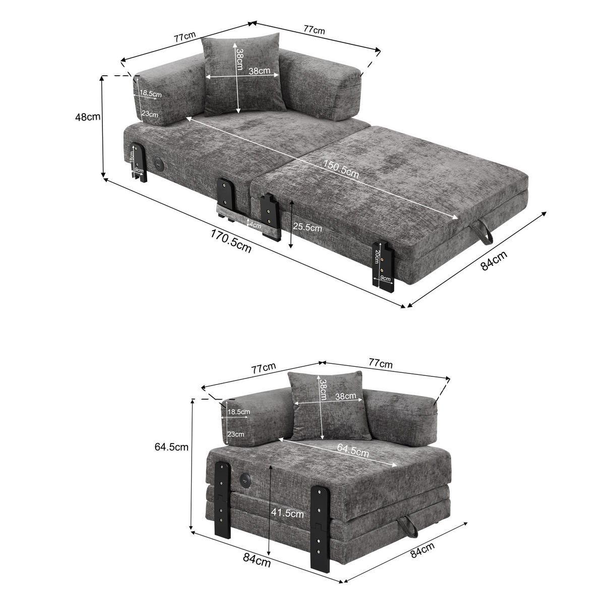 SCHLAFSESSEL aus Stoff Dunkelgrau mit Schlaffunktion, USB- und Type-C-Anschluss sowie Stauraum - Dunkelgrau, Textil (84/48/170.5cm) - Modfu