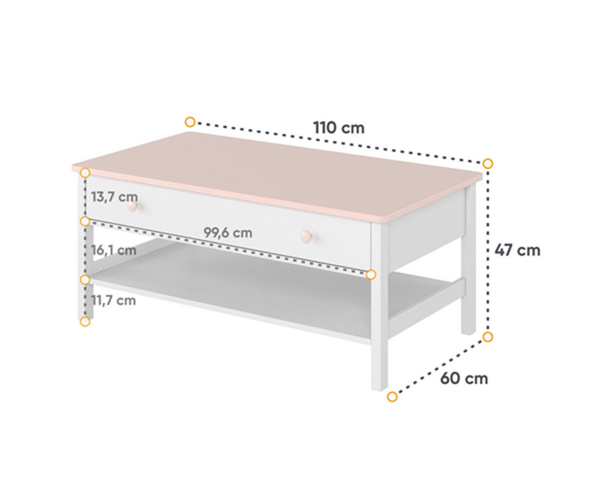 KINDERTISCH LUNA 15 - Weiß/Rosa, Holzwerkstoff (110/47/60cm) - Meblini