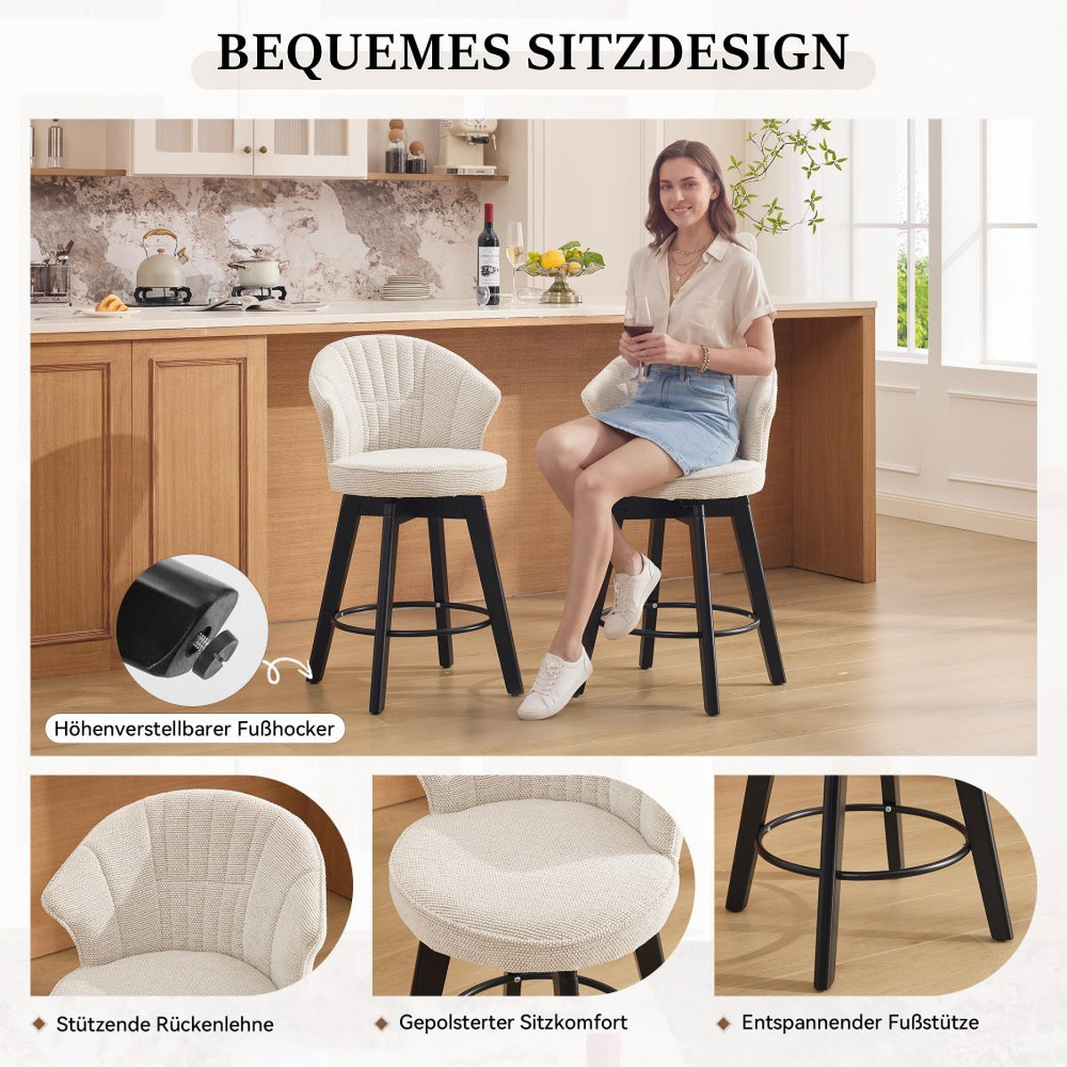 BARHOCKER 2er-Set Dreh-Polsterhocker - Beige, Naturmaterialien (51/92.5/52.5cm)