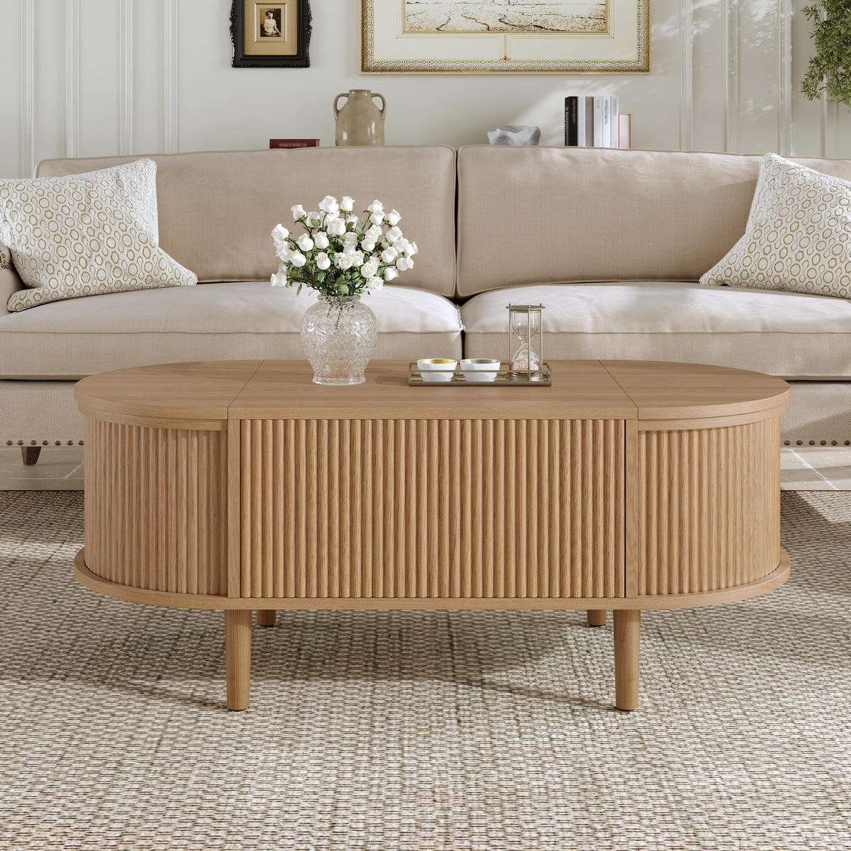 KONFERENČNÍ stolek 100/48/53,5 cm dubový z MDF s úložným prostorem a zvedací deskou - barva dubu, kompozitní dřevo (100/48/53.5cm) - OKWISH