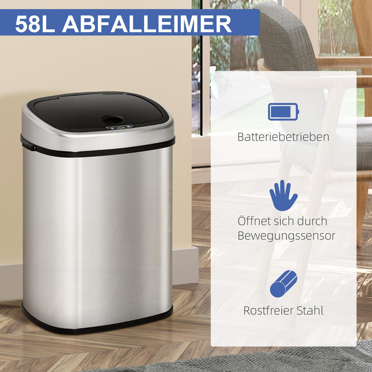 SENSOR Mülleimer, Edelstahl, ABS, Silber - Silberfarben, Metall (28.9/68/40.9cm) - HOMCOM