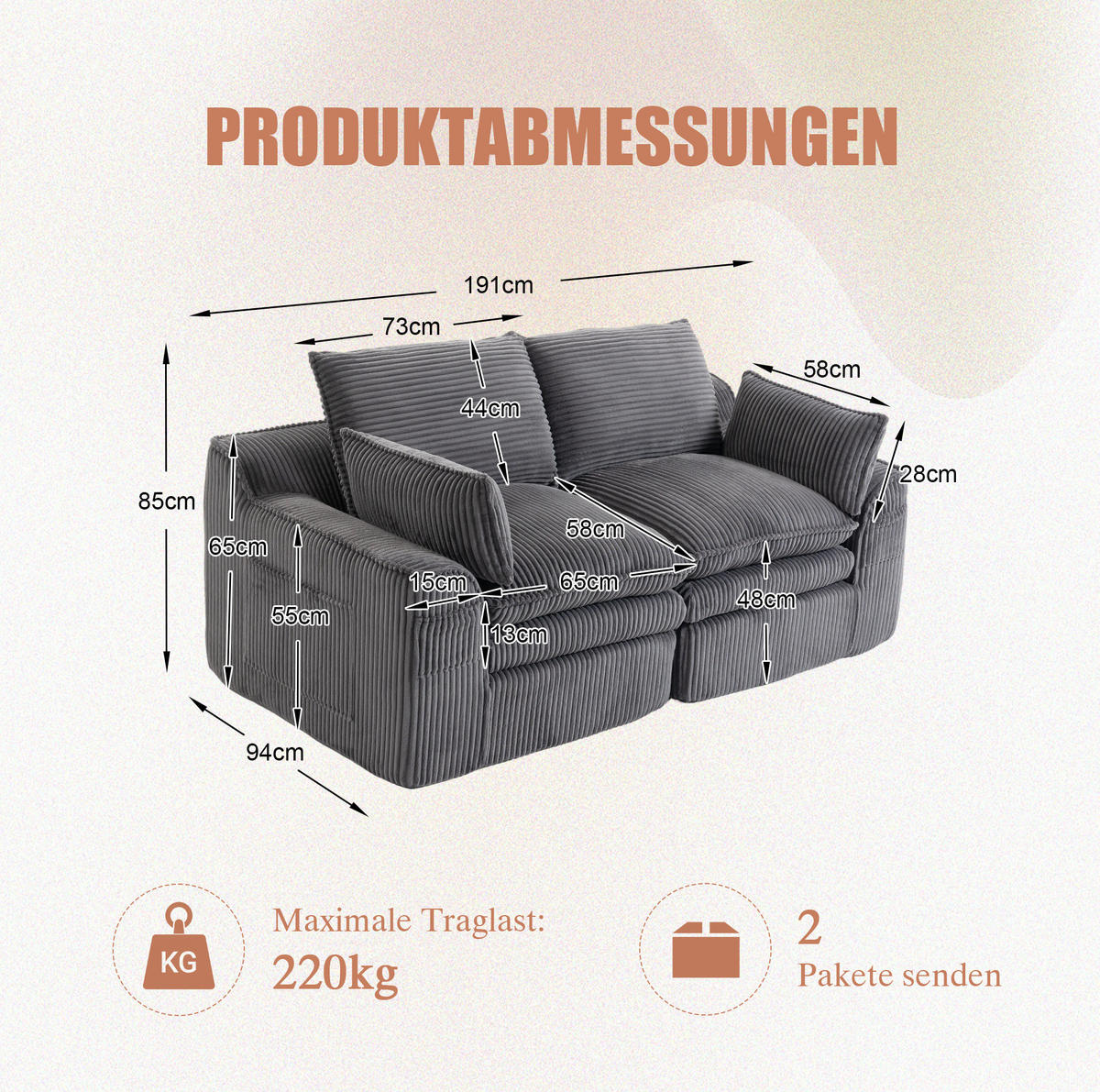 2-SITZER Sofa aus Cord 191x94x85 cm Dunkelgrau mit Seitentaschen, Kissen und Federkern - Dunkelgrau, Textil (191/85/94cm) - Modfu
