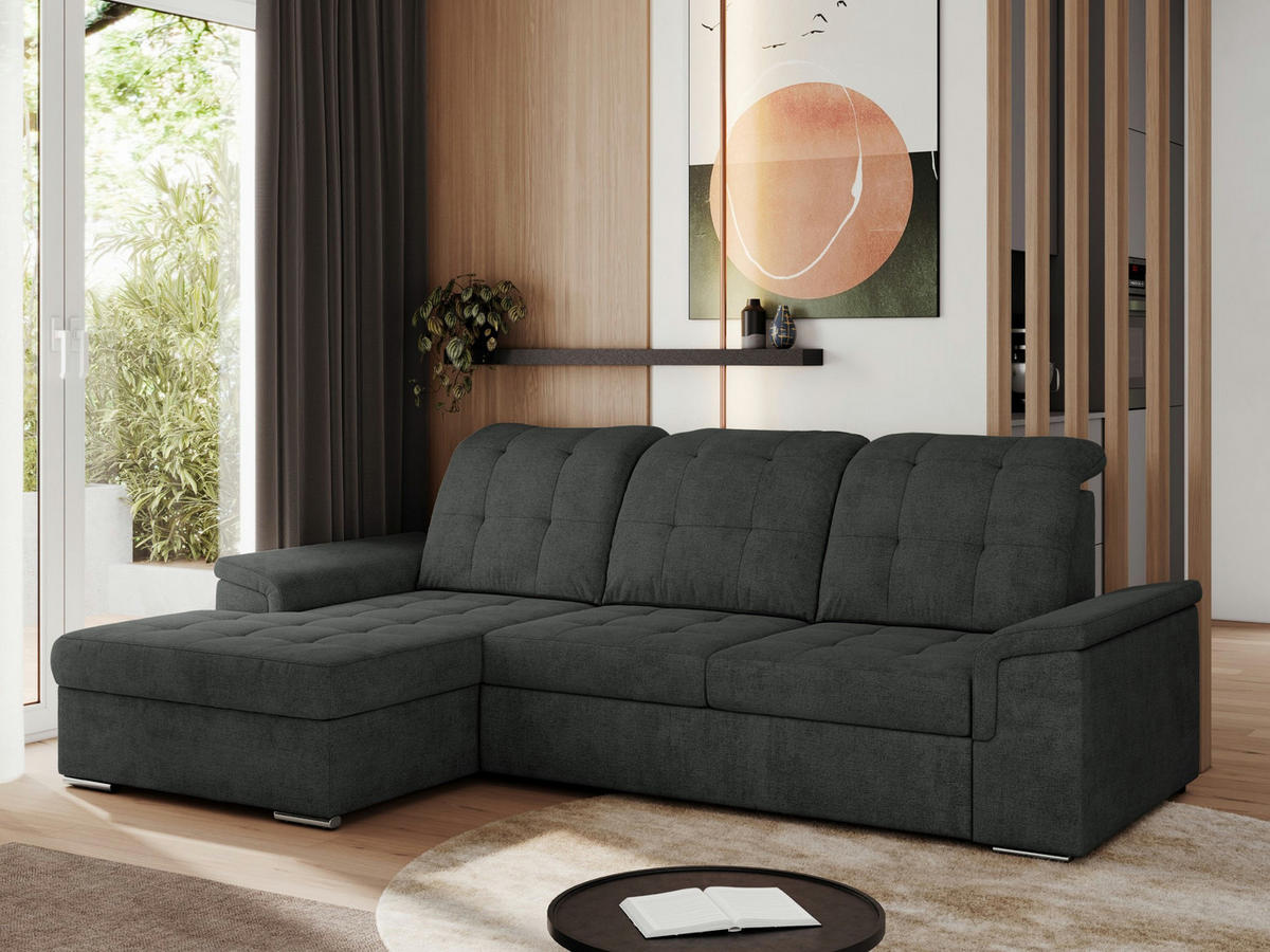 ECKSOFA MADRITO L - Dunkelgrau Struktur - Links - Dunkelgrau/Silberfarben, Textil/Metall (160/256cm)
