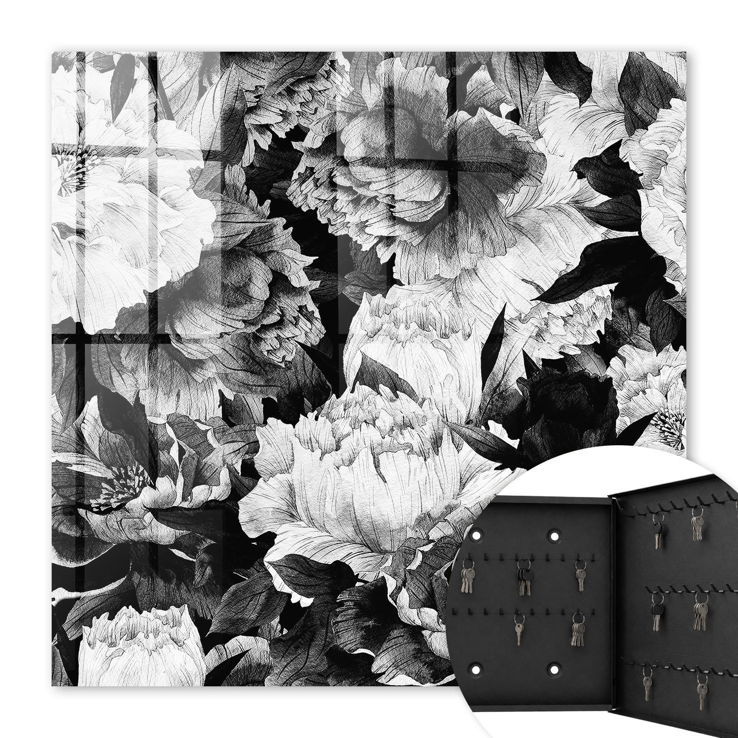 SCHLÜSSELBOX Schwarz 30x30 cm- Türöffnung nach rechts - Schwarz-weiße Blüten - Grau, Metall (30/30/5cm) - TULUP