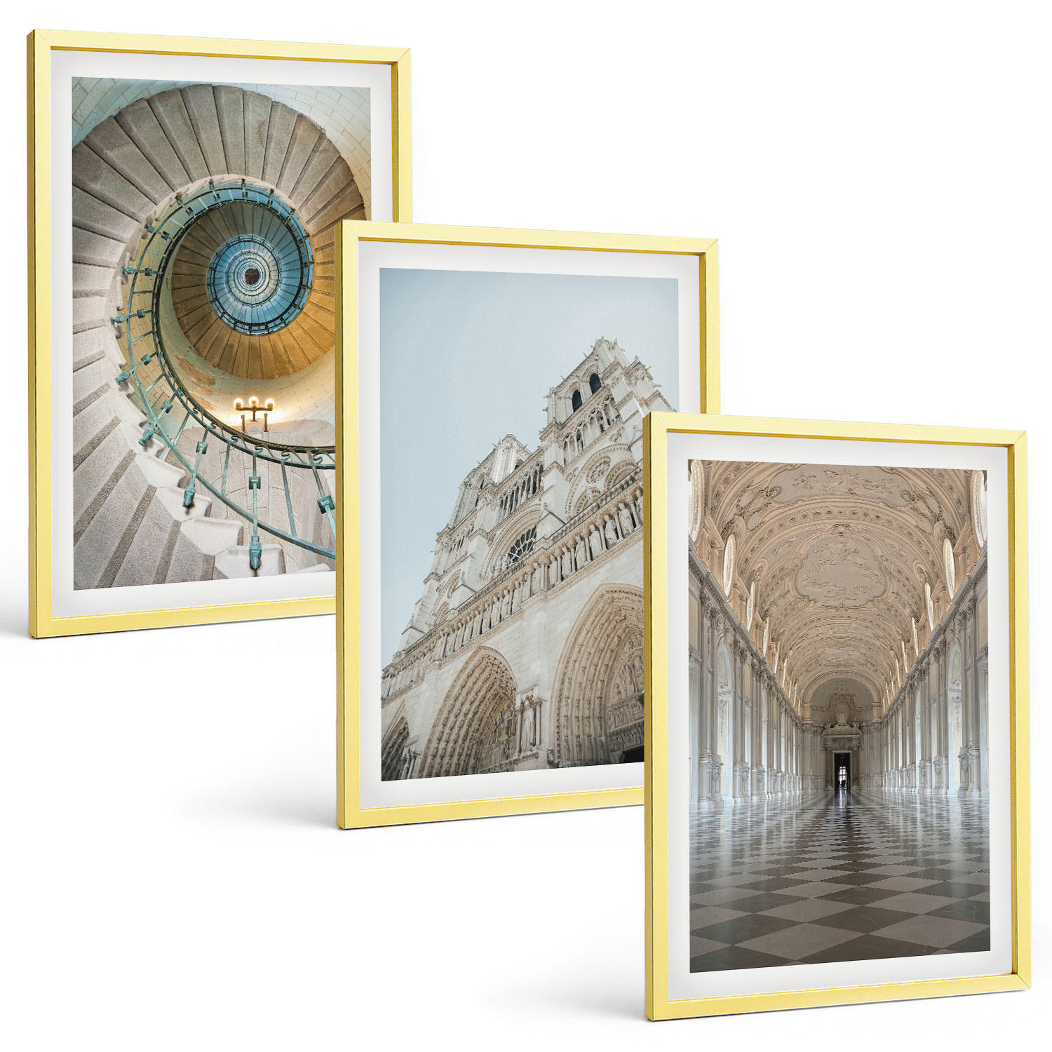 BILDER SET 3er Set - 40x60 cm Goldrahmen - Wendeltreppe der Kathedralenfassade - Goldfarben, Kunststoff (40/60cm) - TULUP
