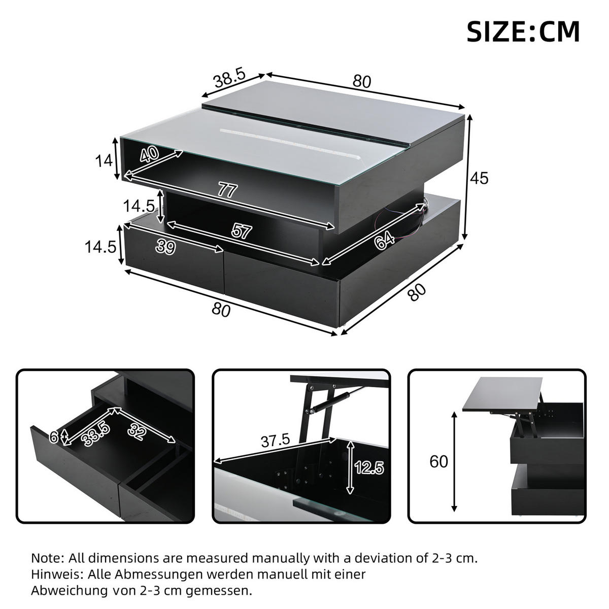 COUCHTISCH höhenverstellbar 80 x 80 cm Schwarz mit LED und 2 Schubladen - Schwarz, Holzwerkstoff (80/80/45cm) - Meubliv