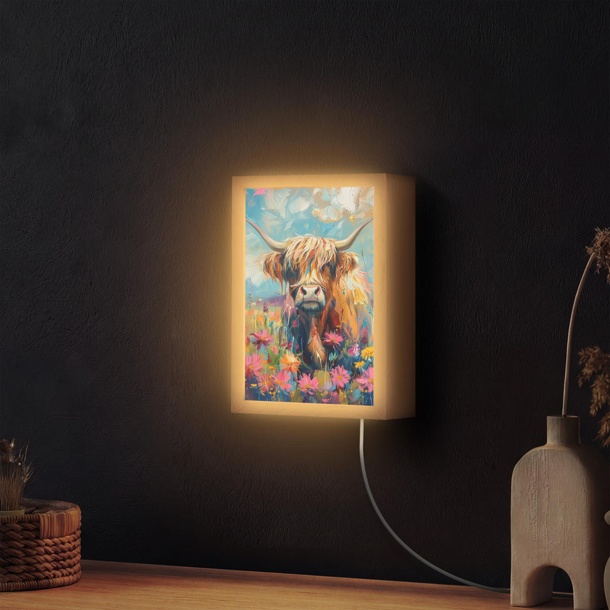 NÁSTĚNNÁ LAMPA Skotský horal - Příroda - Barevné - Květiny 20x30 cm - různobarevná, kompozitní dřevo (20/30/8cm) - OnlyWow