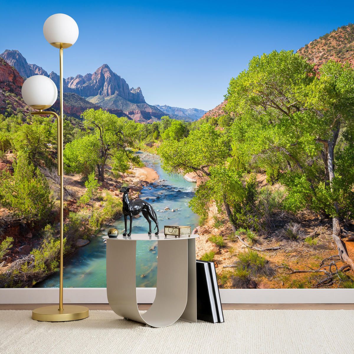 FOTOTAPETE für Esszimmer Virgin River Bäume Felsen Berge Natur 400x280 - Türkis/Blau, Papier (400/280cm) - Muralo