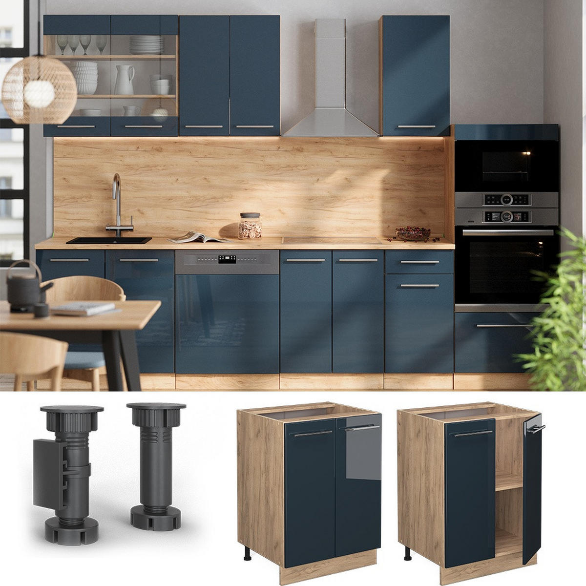 KÜCHENUNTERSCHRANK Fame-Line Dunkelblau Hochglanz 60 cm , AP Marmor - Honigeiche/Dunkelblau, Holzwerkstoff (60/82/60cm) - Vicco