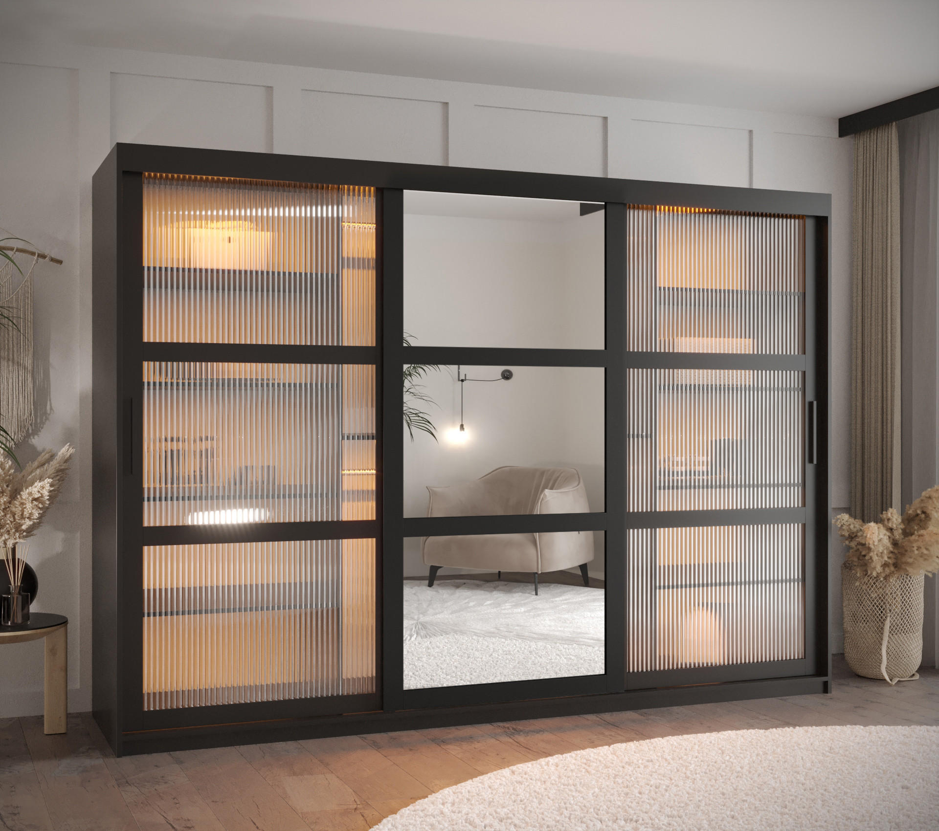 SCHWEBETÜRENSCHRANK 200/250/62 3-türig - Schwarz, Holz/Kunststoff (250/200/62cm) - Abiks Möbel
