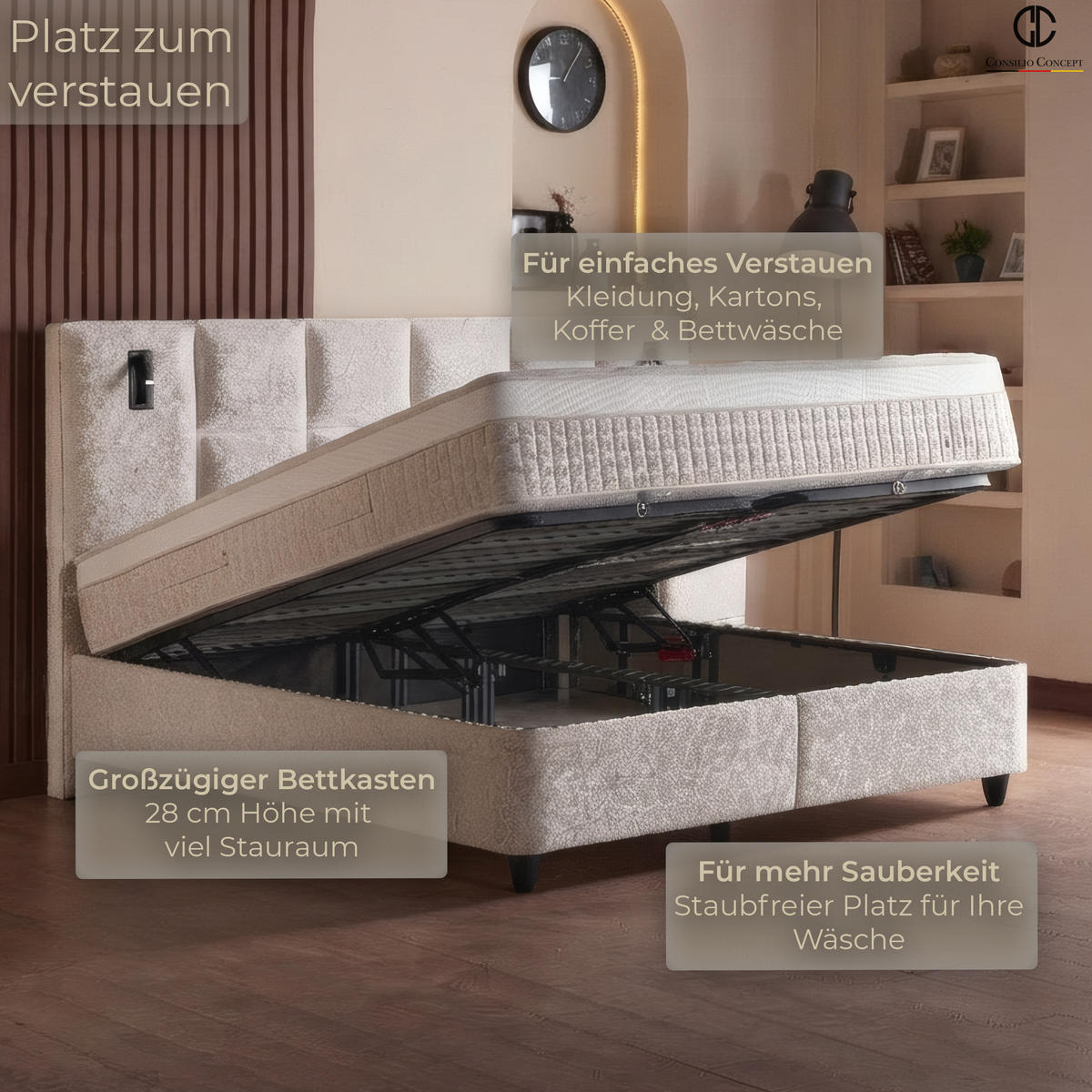 BOXSPRINGBETT MIT BETTKASTEN LUXOR 180/200 cm, Ivory, Bettkasten, Matratze, Topper integriert, H3 mittel 7-Zonen Matratze - Creme/Schwarz, Holz/Kunststoff (180/200cm) - Consilio Concept