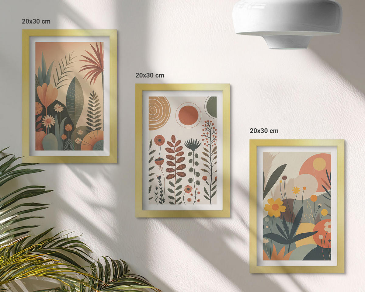 WANDBILDER 3er Set - 20x30 cm Goldrahmen - Boho-Pflanzenmuster Natur - Goldfarben, Kunststoff (20/30cm) - ArtPrintCave