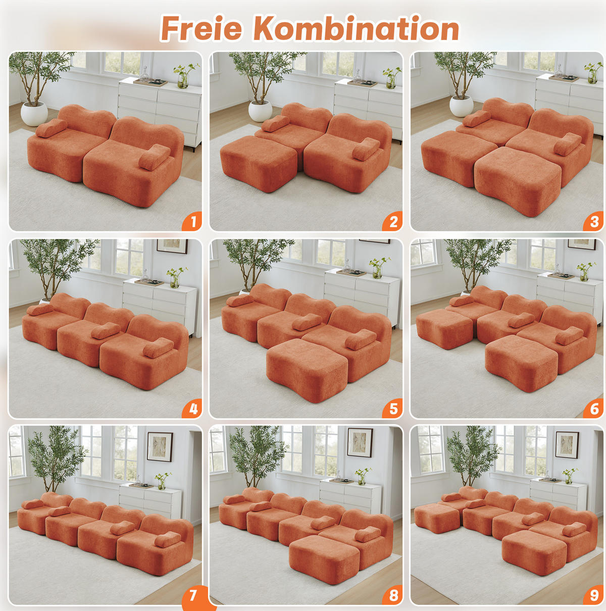 ECKSOFA 192/167/70 cm Orange aus Samt mit Ottomanen und modularem Design - Orange, Textil (167/192cm) - OKWISH