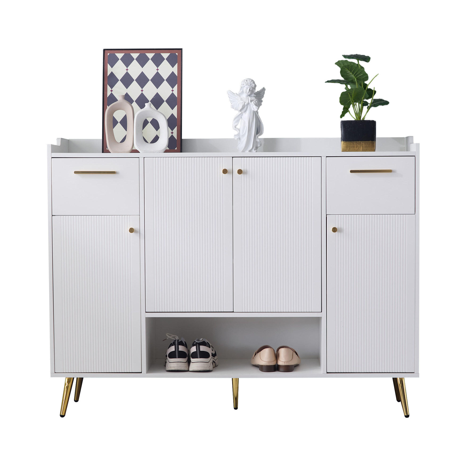 SCHUHSCHRANK 130/100/37 cm Weiß aus Spanplatte mit 2 Schubladen und 4 Türen - Weiß, Holzwerkstoff (130/100/37cm) - OKMYHOME