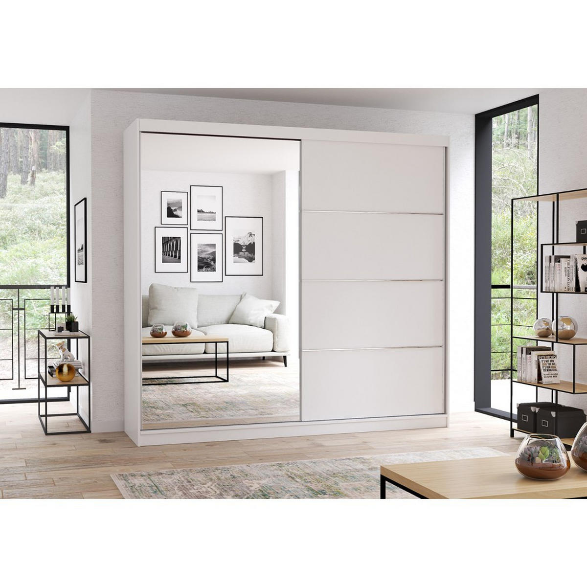 SCHWEBETÜRENSCHRANK 203/218/61 cm Multi 42 Weiß/Weiß + Spiegel, ohne LED-Beleuchtung - Alufarben/Weiß, Glas/Holzwerkstoff (203/218/61cm) - imoebel24