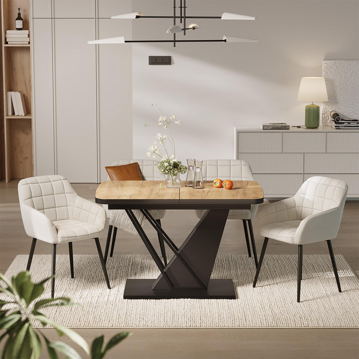 JEDILNA MIZA Fenaro, Zlati hrast z močjo/Črna, 120 x 80 cm s 4 jedilnimi stoli - črna/medeni hrast, leseni material (120/76/80cm) - Vicco