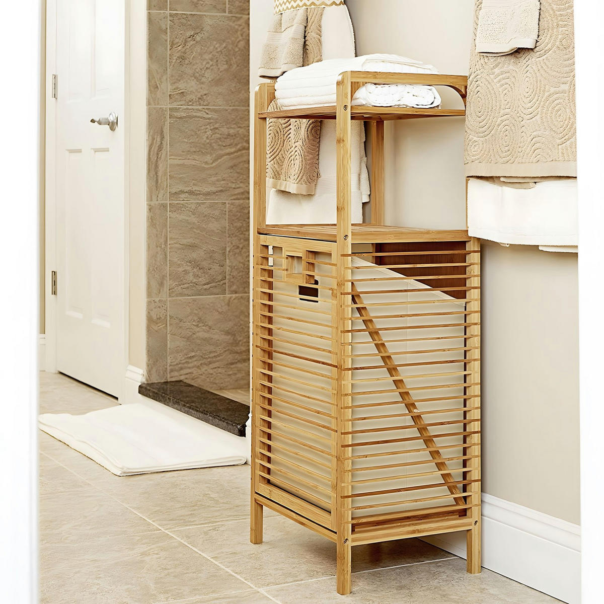 WÄSCHEKORB Bambus Stoff Natur Schrank 95,5x40x30 cm - Naturfarben, Holz (40/95.5/30cm) - Begryf