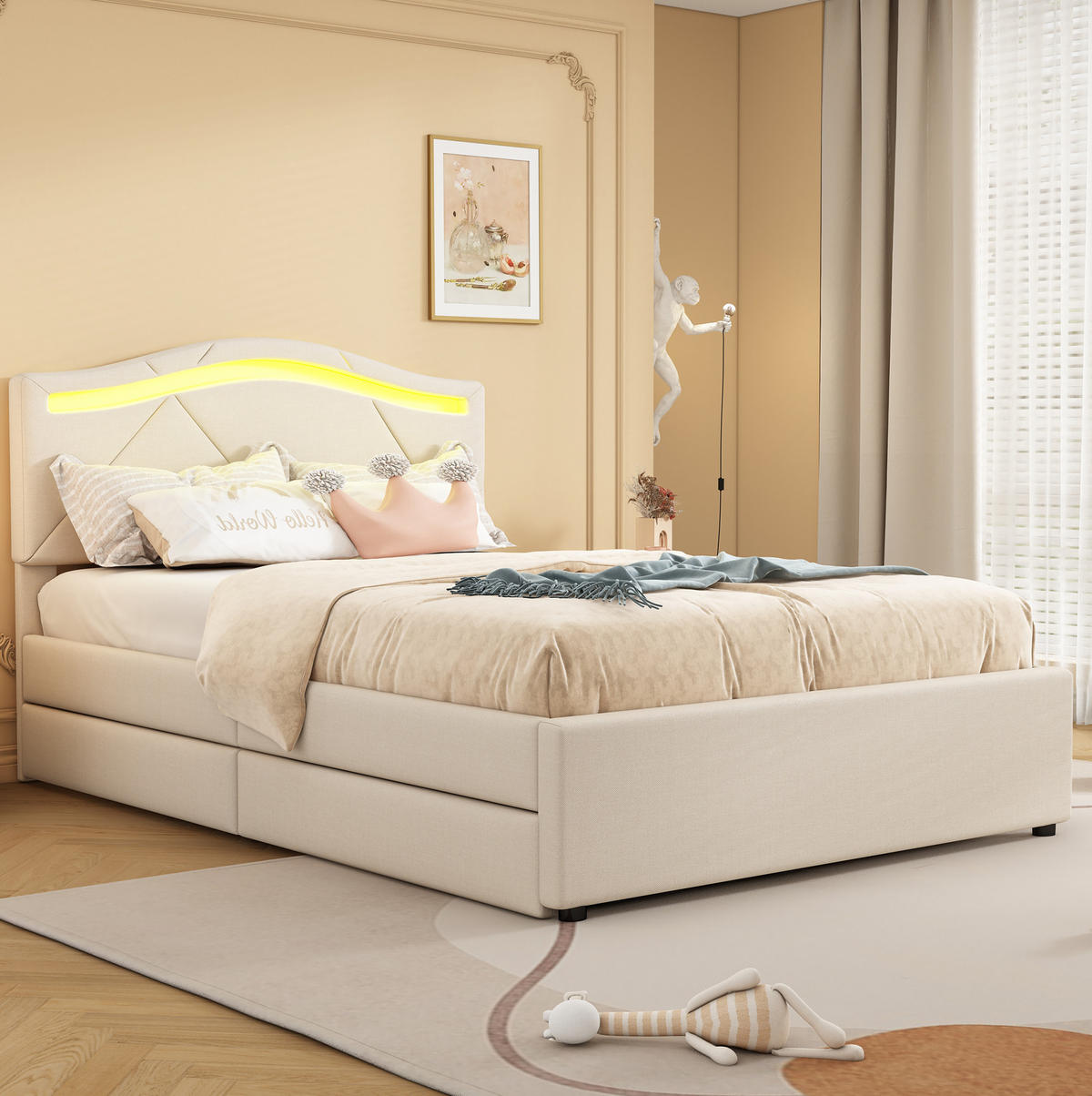 POLSTERBETT 90/200 cm mit LED-Beleuchtung, 2 Schubladen und verstellbarem Kopfteil aus Leinen, Beige - Beige, Textil (90/200cm) - Redom
