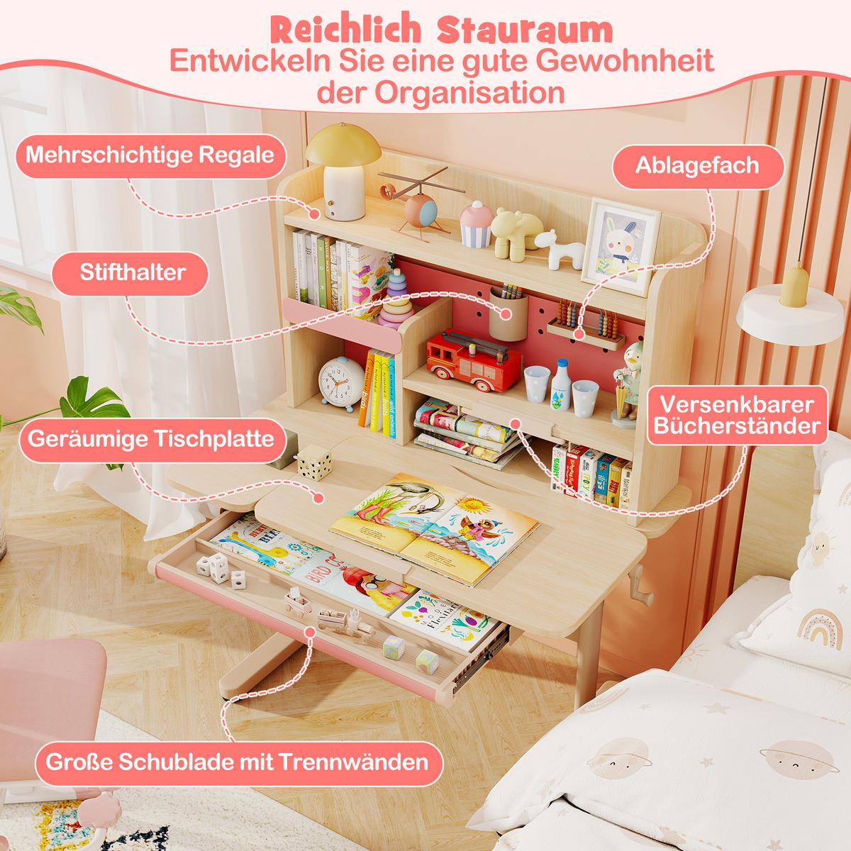 KINDERSCHREIBTISCH höhenverstellbar rosa - Pink, Metall (100/111/60cm) - COSTWAY
