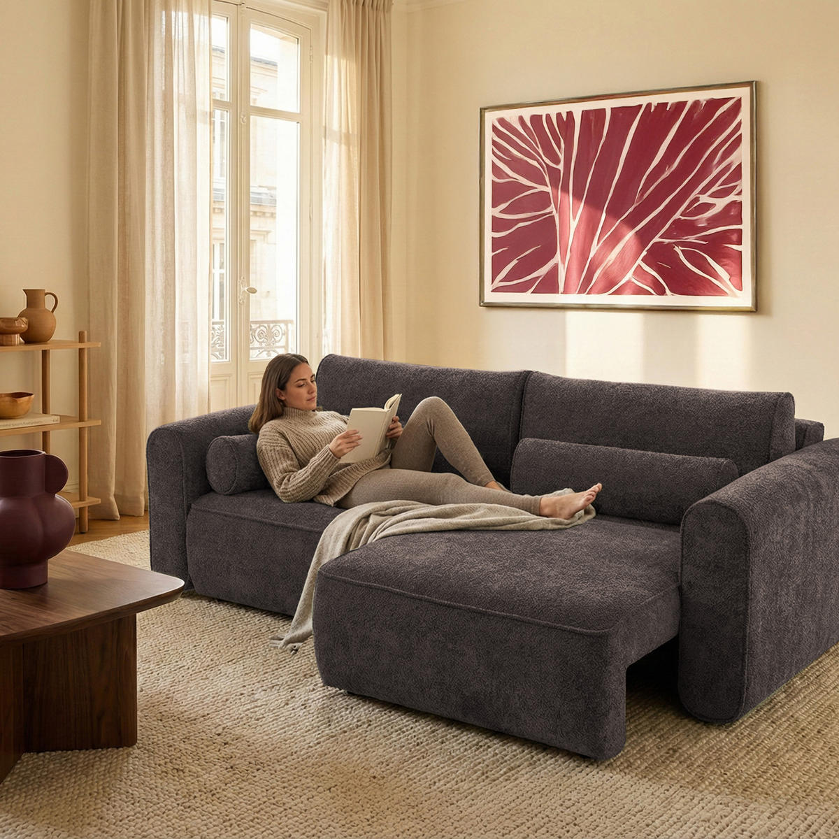ECKSOFA Motion mit Schlaffunktion Funktional 3-sitzer Sofa - Braun, Textil (250/120cm) - Muffo