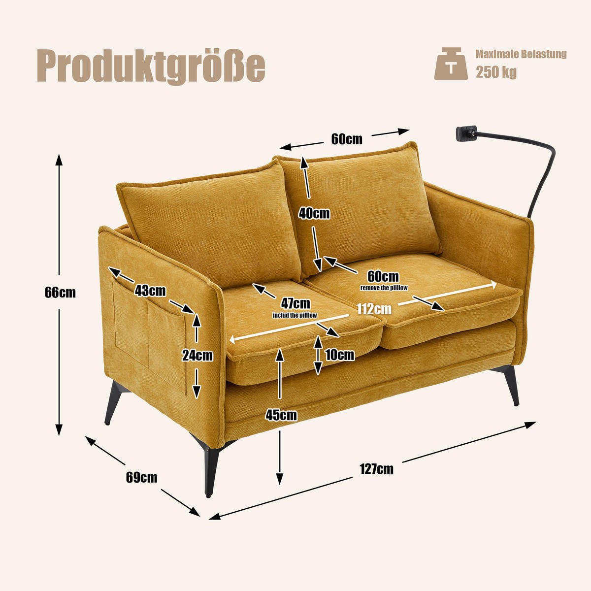SOFA 2-Sitzer mit Handyhalterung und Ablagefächern Chenille Gelb 127/69/66 cm - Gelb, Textil (127/66/69cm) - OKWISH