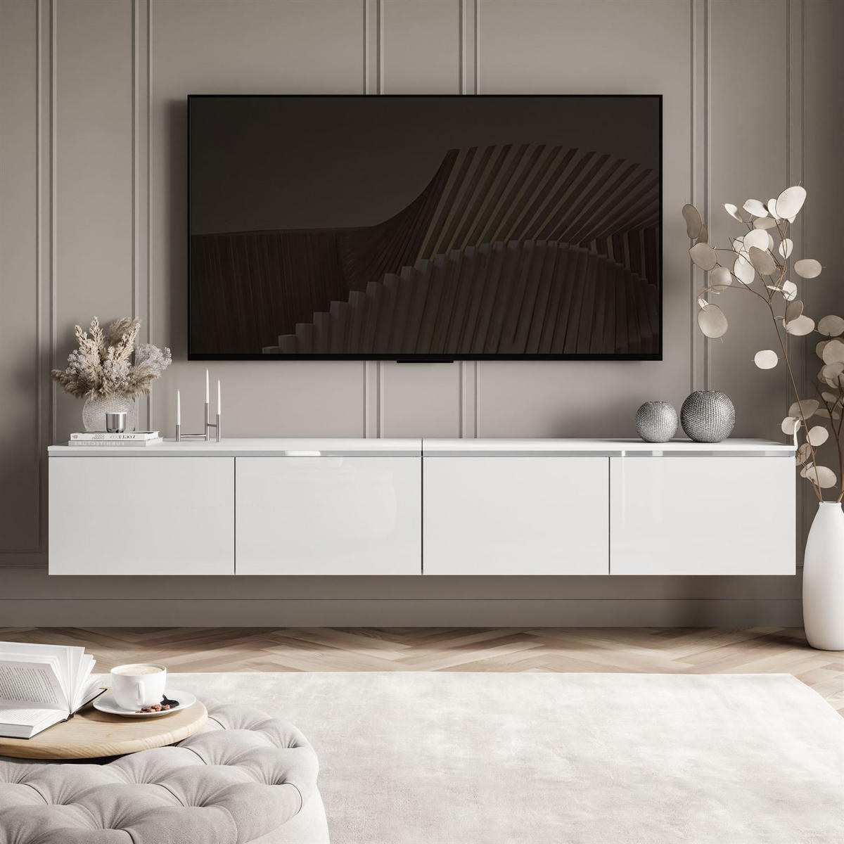 TV-RACK CELINE GLOSS SILVER 200 cm mit LED-Beleuchtung (hängend) - Weiß, Holzwerkstoff (200/48/40cm) - Lookway