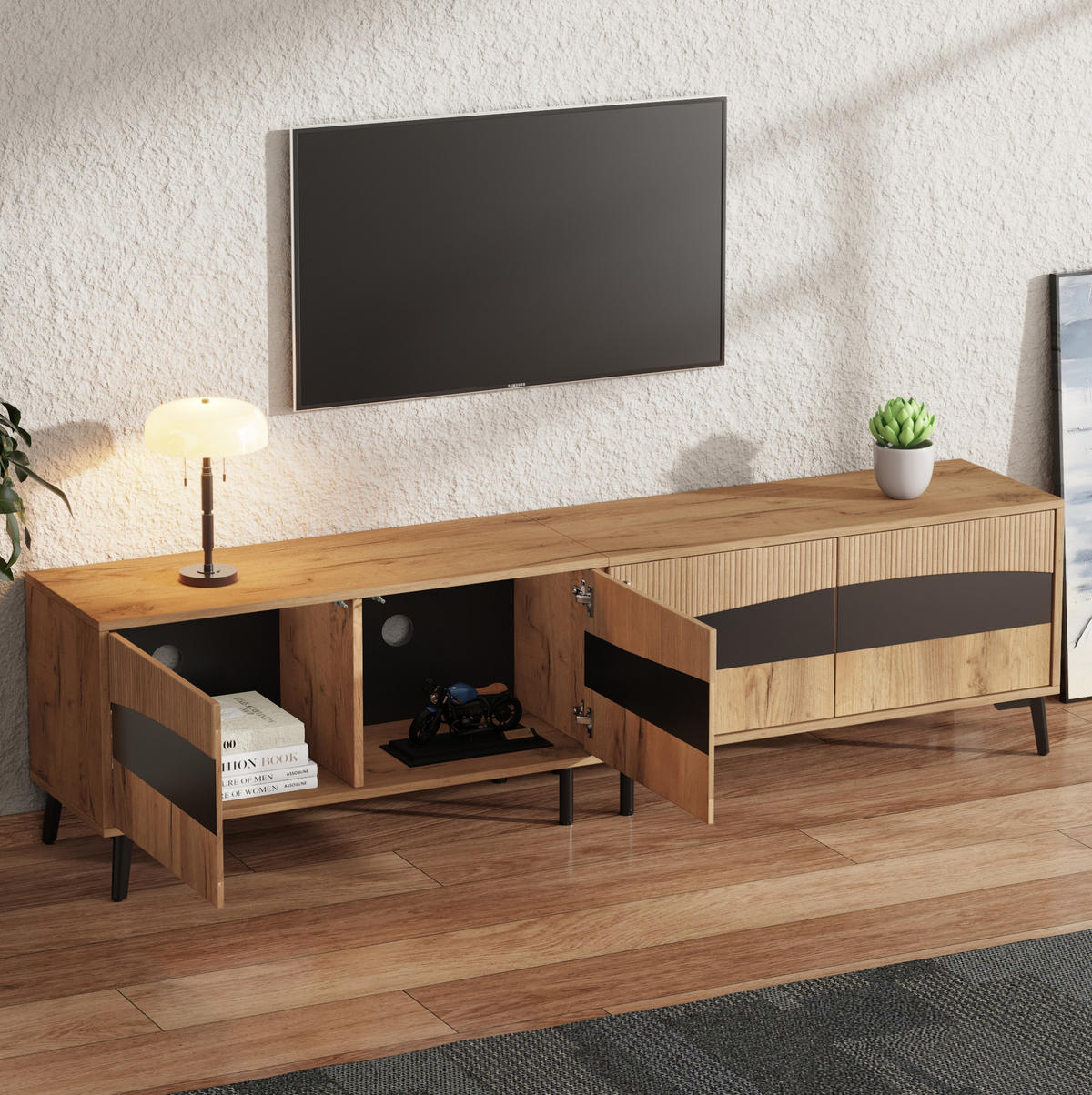LOWBOARD 180/40/50 cm Natur/Schwarz aus Spanplatte mit 4 Schränken - Naturfarben, Holzwerkstoff (40/50/180cm) - OKMYHOME
