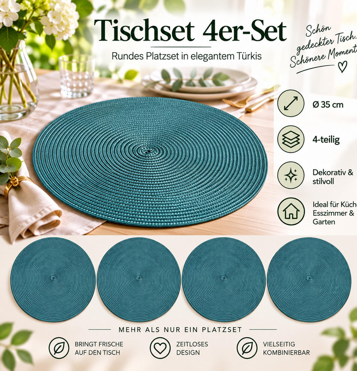 PLATZSET 4er Set Polypro Petrol 35 cm rund - Petrol, Kunststoff (35cm) - TiborTex