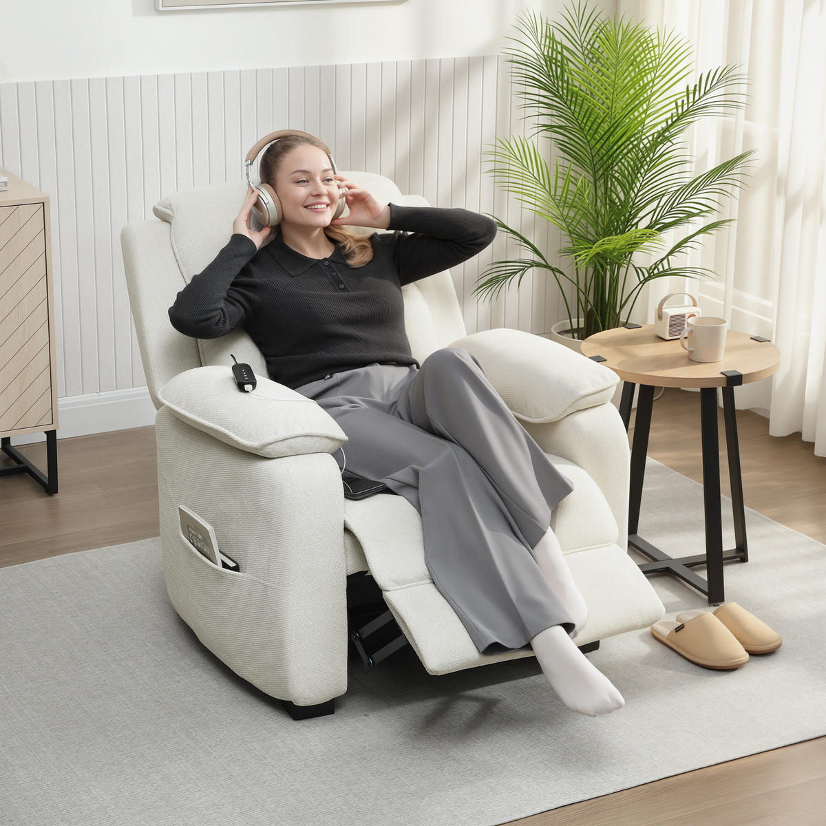 SAMT-SESSEL,150° verstellbar Fußstütze Fernbedienung Seitentasche,beige - Beige, Textil (90/103/96cm) - Vallsero