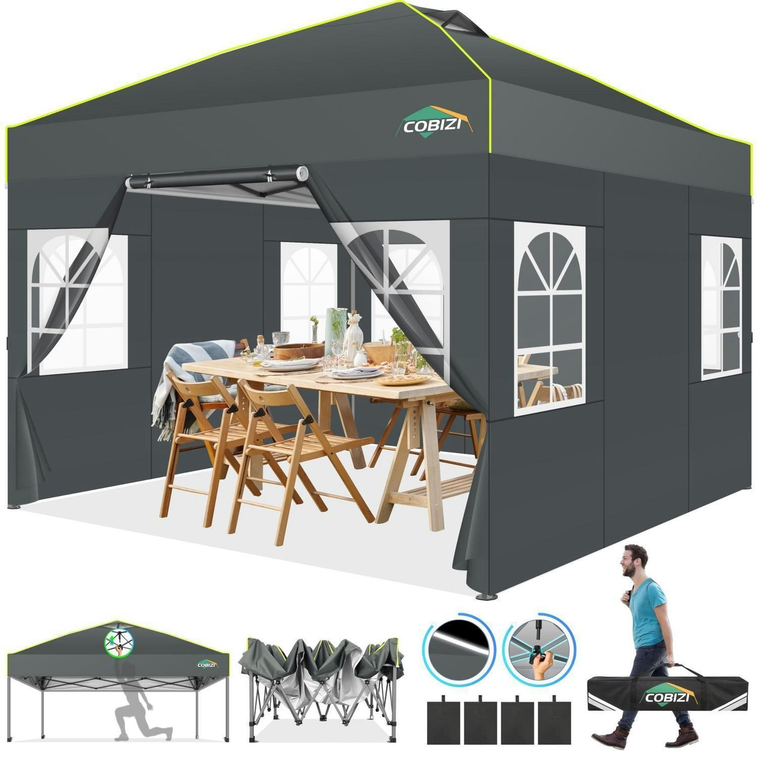 GARTENPAVILLON 3 x 3 m Grau Wasserdicht mit 4 Seitenwänden - Grau, Textil (300/192/300cm)